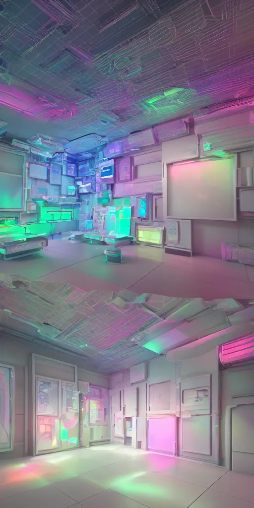 Prompt: a photorealistic futuristic 3D room with four walls covered with rainbow glowing CRT computer monitors with snowy screens embedded into the wall, Trending on artstation, cinematic lighting from the right, hyper realism, octane render, 8k, depth of field, 3D