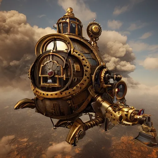 Image similar to flying steampunk fortress, extremely detailed, behrens style, unreal 5 render, fantasy digital art, octane render, beautiful composition, trending on artstation, award - winning photograph