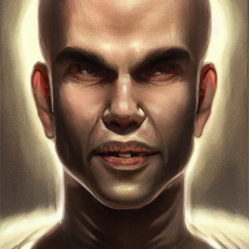 Image similar to a head - on detailed oil portrait of a round - faced bald male monk with a friendly smile, by charlie bowater, lise deharme, wlop, trending on artstation, dungeon and dragons art, critical role