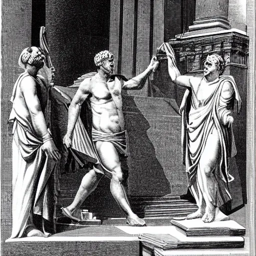 Prompt: caesar being killed by brutus on senate floor, surreal, roman architecture, roman dress style.