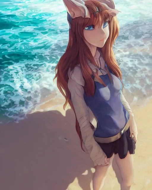 Image similar to a russian blue cat wearing a VR headset, !dream an attractive young female elf with long flowing auburn hair, standing on the beach on the ground front facing, looking at camera, blue water, anime. By Makoto Shinkai, Stanley Artgerm Lau, WLOP, Rossdraws, James Jean, Andrei Riabovitchev, Marc Simonetti, krenz cushart, Sakimichan, trending on ArtStation, digital art.
