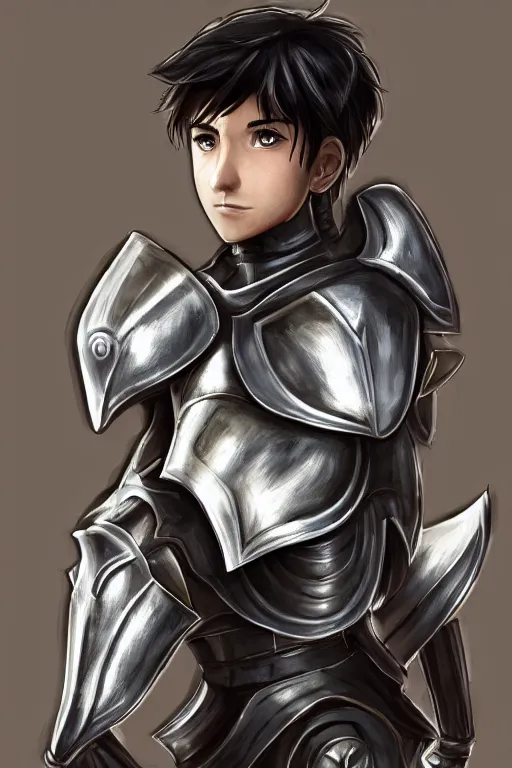 Image similar to a male teenager wearing a silver plate armor, short black hair, artgem style, fancy lighting, complementary colours, face portrait, harmonious, soft colors, digital painting, masterpiece, realistic and detailed face, color painting, realistic, highly detailed, high quality, portait picture, anatomically correct, pixar and disney style, anime style