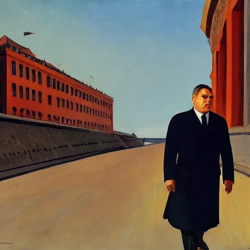 Image similar to leader of fascist hungary, viktor orban, overseeing the war torn city from the banks of the danube river in budapest during the siege 1 9 4 5, by edward hopper