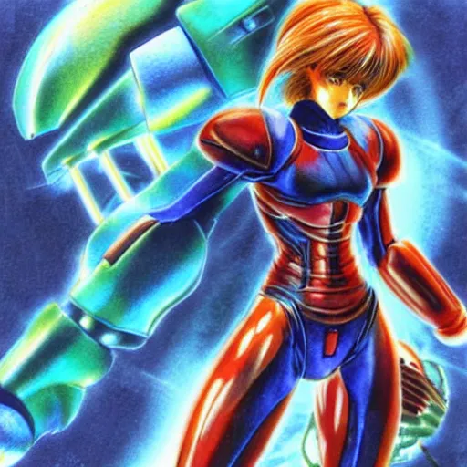 Prompt: Samus Aran from Metroid as illustrated by Yoshitaka Amano. 1994. Acrylic and Watercolor on lithography paper.