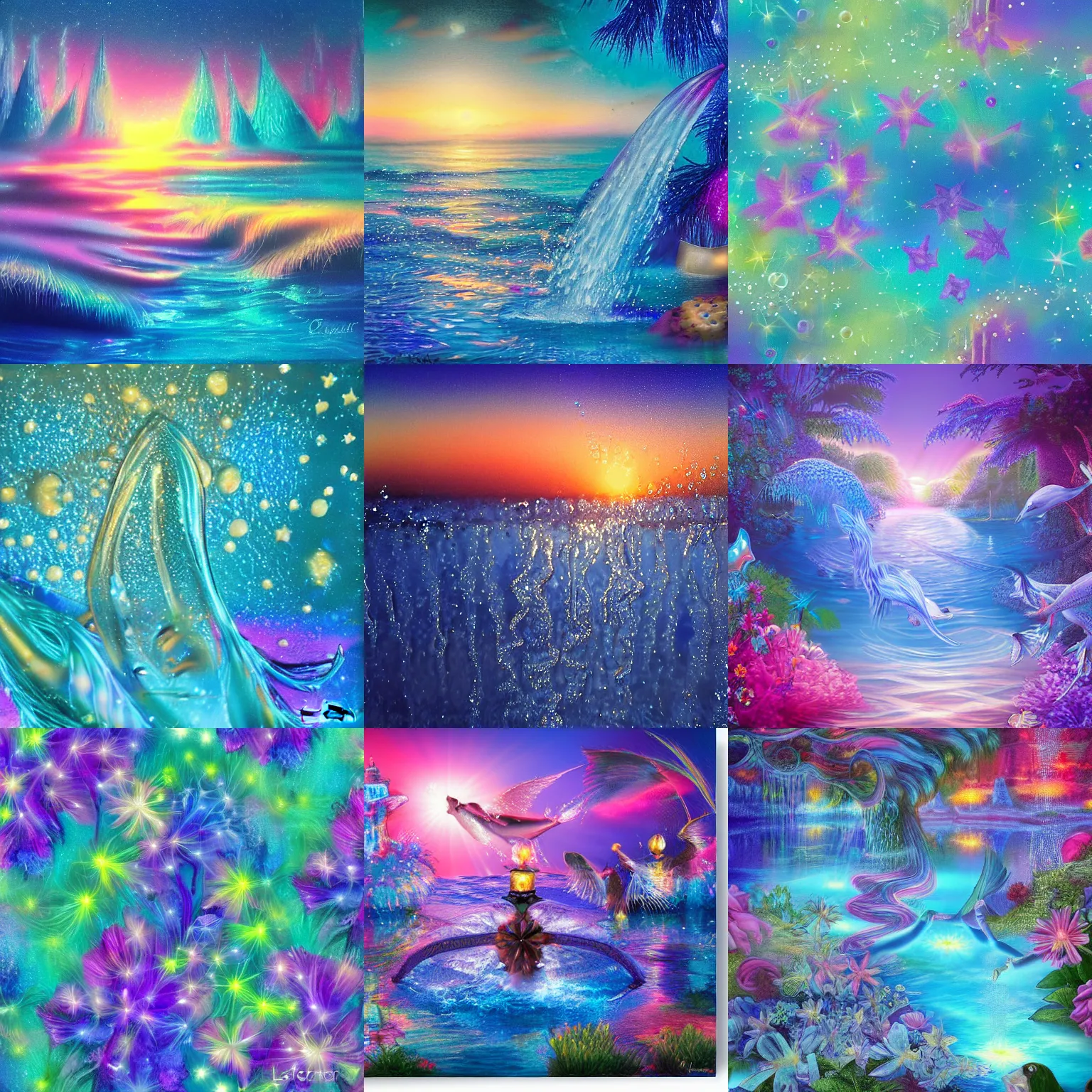 Prompt: closeup fantasy with water magic, at gentle dawn blue light, by lisa frank