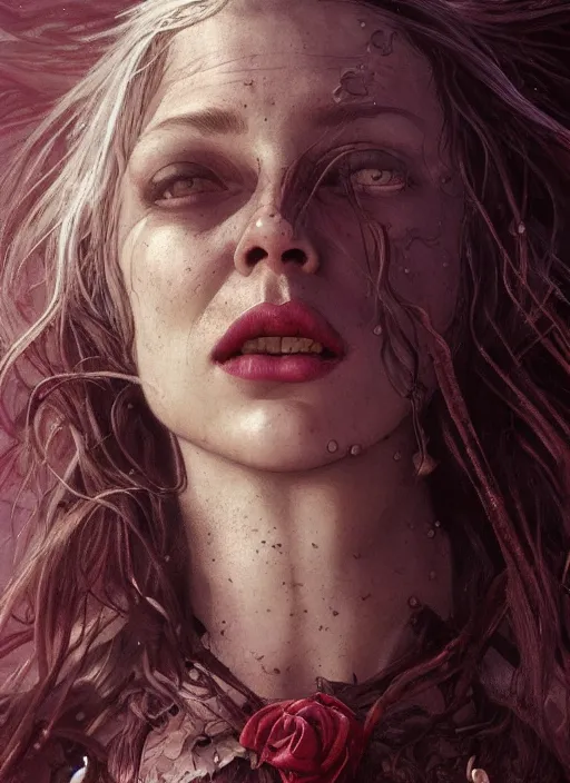 Prompt: vertical portrait of a ruggedly handsome female witch that screams she wants to live, soft hair, close - up face, leather, witchy, d & d, fantasy, intricate, elegant, highly detailed, digital painting, artstation, concept art, smooth, sharp focus, illustration, art by artgerm and greg rutkowski and alphonse mucha, plain red background