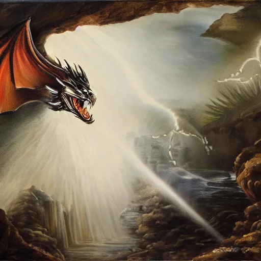 Image similar to oil painting of a dragon flying in the air near a cave with a waterfall in the center, light emanating from the waterfall leading to a big pool of water, dragon has black and white siberian tiger stripes, elegant, sharp focus, wide shot, clear, detailed, early renaissance