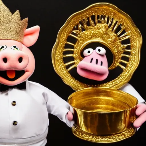 Prompt: pig waiter wearing a gold crown as a Muppet holding a silver platter 8k