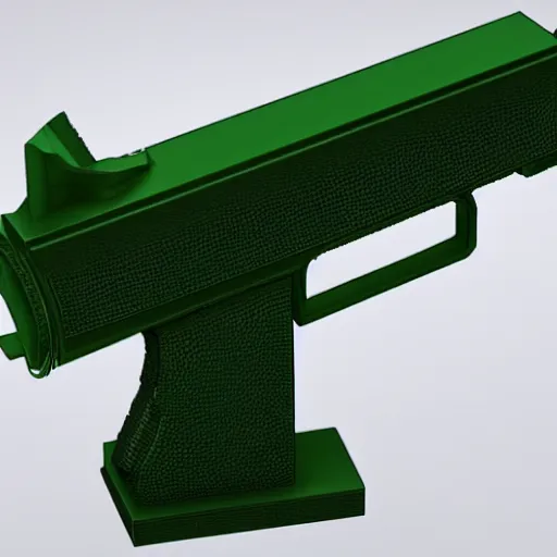 Prompt: a 3 d printed rail gun prototype, printed in green filament that is slightly transparent, with visible layer lines and printing errors. 4 k, hdr, photo taken on an iphone 1 2.