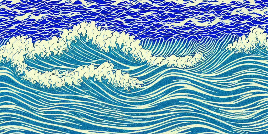 Image similar to clouds and waves, An aesthetically pleasing, dynamic, energetic, lively, complex, intricate, detailed, well-designed digital art of a beach, ripples, waves, sea foam, light and shadow, overlaid with aizome patterns, Shin-hanga by Bob Ross, traditional Japanese colors, superior quality, masterpiece, featured, trending, award winning, HDR, 8K