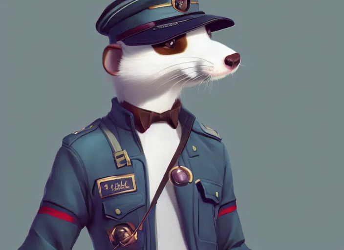 Prompt: character portrait feature of the anthro male anthropomorphic ferret fursona wearing airline pilot outfit uniform professional pilot character design stylized by charlie bowater, ross tran, artgerm, and makoto shinkai, detailed, soft lighting, rendered in octane