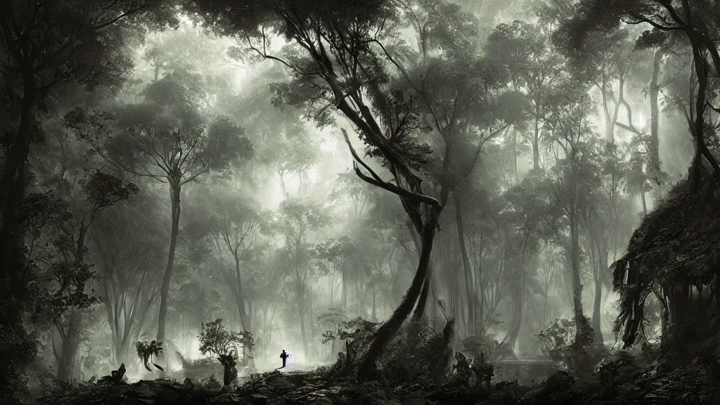 Prompt: dangerous jungle. edward gorey, andreas achenbach, artgerm, mikko lagerstedt, zack snyder, tokujin yoshioka