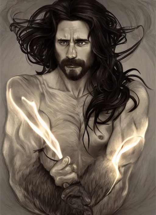 Image similar to the god hephaestus, gigachad, ash hair, glowing eyes, volumetric lights, black and white scheme, art nouveau botanicals, gothic, intricate, highly detailed, digital painting, artstation, concept art, smooth, sharp focus, symmetric face, illustration, art by artgerm and greg rutkowski and alphonse mucha