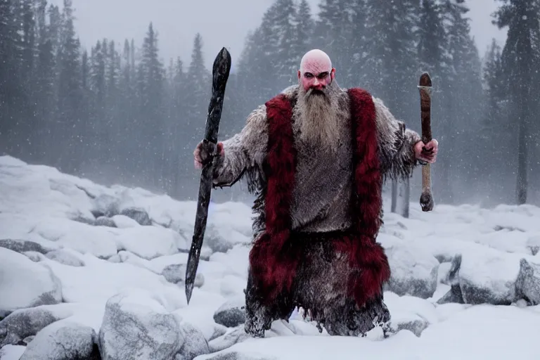 Prompt: vfx movie strong bald man in furs, natural grizzled skin, streaks of red face paint grey beard, holding two detailed viking axes, in snowy tahoe, god of war by emmanuel lubezki