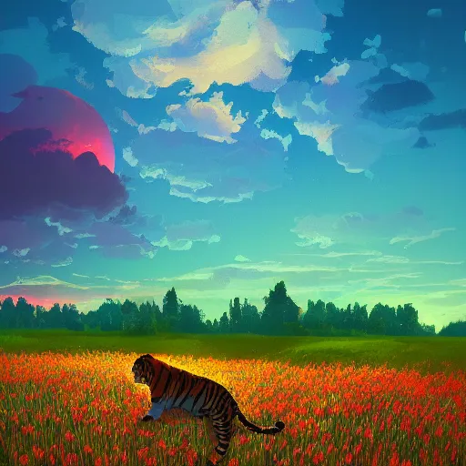 Image similar to a tiger watching a sunset, surreal photography, flower field, beautiful sunset on a summer day light, impressionist painting, colorful clouds, blue sky, digital painting, artstation, simon stalenhag