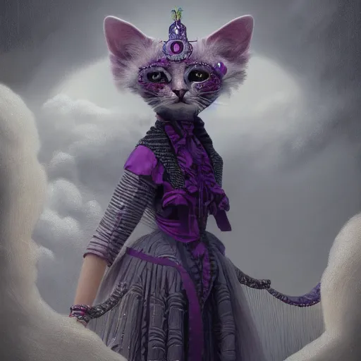 Prompt: picture generation, soft painting curiosities carnival, beautiful female anthropomorphic cat head in full long dress, accurate features, focus, very intricate ultrafine details, black white purple volumetric clouds, award winning masterpiece, octane render 8 k hd, tom bagshaw artstyle