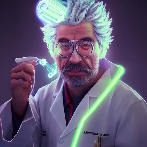 Image similar to portrait art of rick sanchez, lab coat, 8 k ultra realistic, lens flare, atmosphere, glow, detailed, intricate, full of colour, cinematic lighting, trending on artstation, 4 k, hyperrealistic, focused, extreme details, unreal engine 5, cinematic, masterpiece