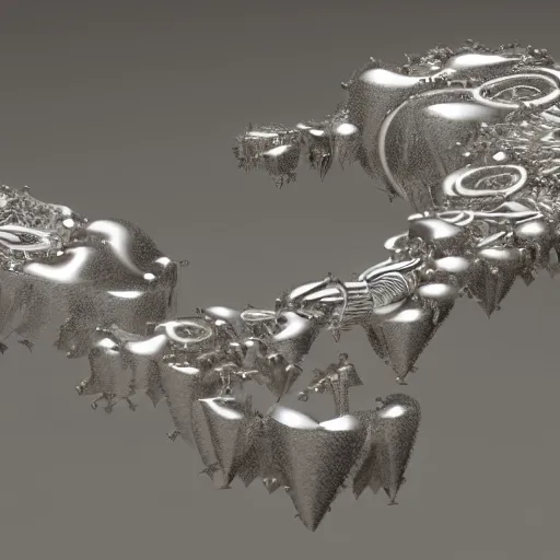 Prompt: abstract fractal shapes of jewels and silver, beautiful abstract sculpture with realistic render, high definition, octane, unreal 5, 3 d reflections