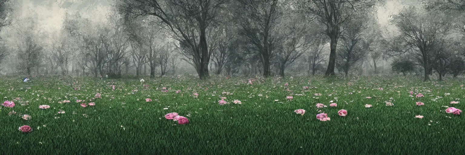 Prompt: a beautiful digital photorealistic of a symmetrical life and dead, rosses, trees, grass