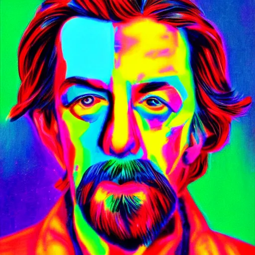 Prompt: psychedelic portrait of alan watts, colorful, abstract, detailed,