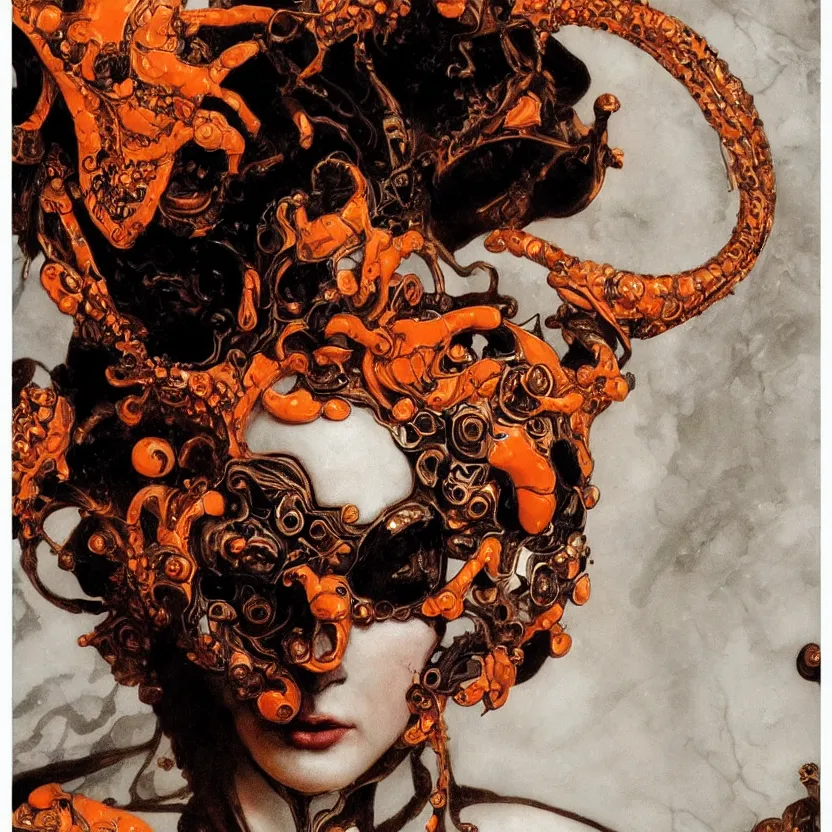 Image similar to a dark baroque close - up portrait of an ornate orange and white porcelain being made out of white sci - fi vitrified translucent ceramic marble ; china. reflective detailed textures. gloomy black background. highly detailed fantasy science fiction painting by moebius, norman rockwell, frank frazetta, and syd mead. rich colors, high contrast. artstation