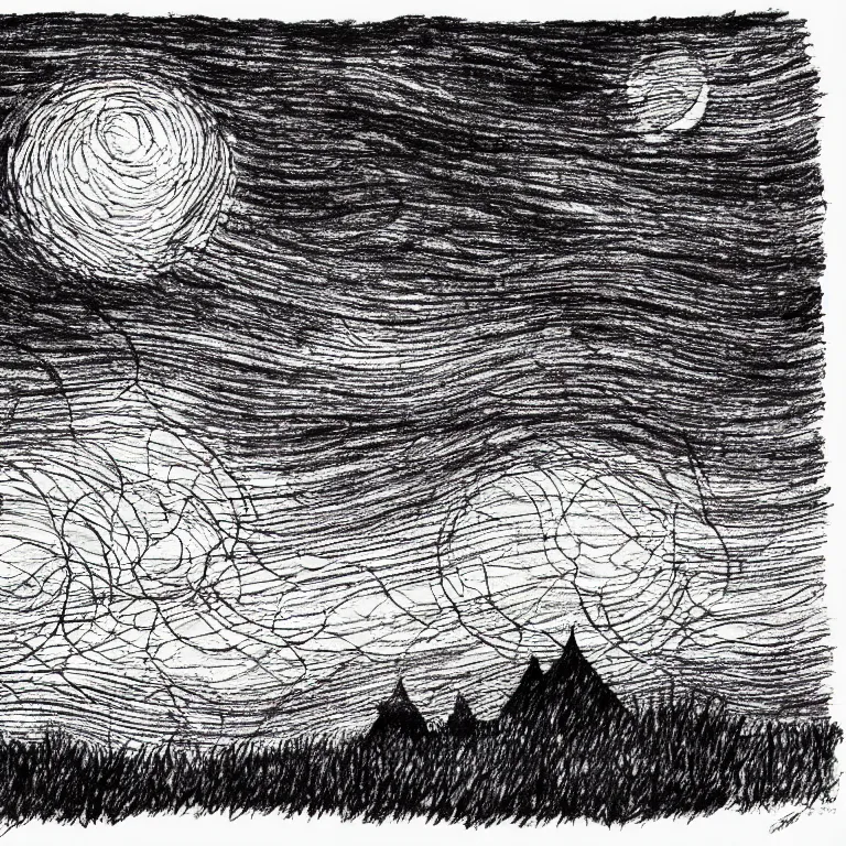 Image similar to pen and ink drawing of foggy night sky, crosshatching, edward gorey, hatches