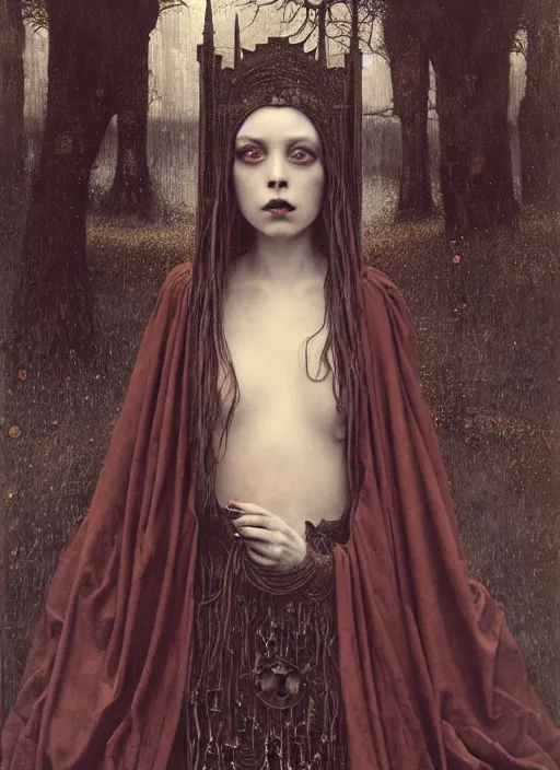 Prompt: masterpiece portrait enchanting gothic witch girl, by h. r. giger, edmund leighton, rural decay background by zdizslaw beksinski, james jean, 8 k, elegant ceremonial robe details by gustave klimt, occult, volumetric lighting, porcelain skin, cinematic, high detail, hyper photorealism, low angle, trending on pixiv