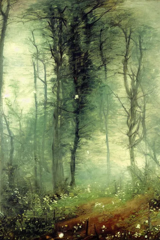 Image similar to moody painting of tiny purple morning glory flowers vining and growing in a forest dimly lit by morning light. foggy volumetric lighting, muted colour palette oil painting on canvas, john constable