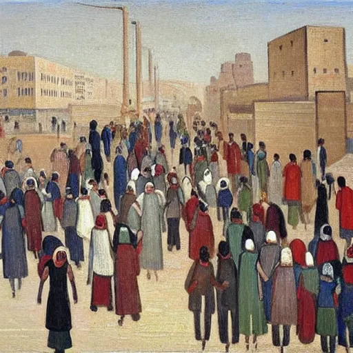 Image similar to painting of egyptian commuters heading to the central business district of cairo, painted by laurence stephen lowry, oil on canvas, national gallery