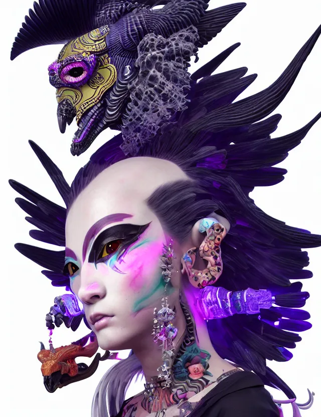 Image similar to 3 d goddess close - up profile portrait punk with mohawk with ram skull. beautiful intricately detailed japanese crow kitsune mask and clasical japanese kimono. betta fish, jellyfish phoenix, bio luminescent, plasma, ice, water, wind, creature, artwork by tooth wu and wlop and beeple and greg rutkowski