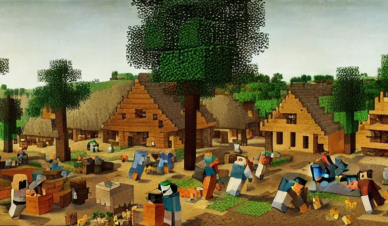 Image similar to a minecraft village, by pieter bruegel the elder