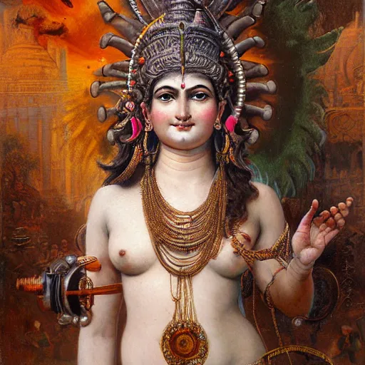 Prompt: detailed potrait of hindu god shiva with hightec vr headset steampunk head armour, girl graceful,, painting by gaston bussiere, craig mullins, j. c. leyendecker, lights, art by ernst haeckel, john william godward, hammershøi,,