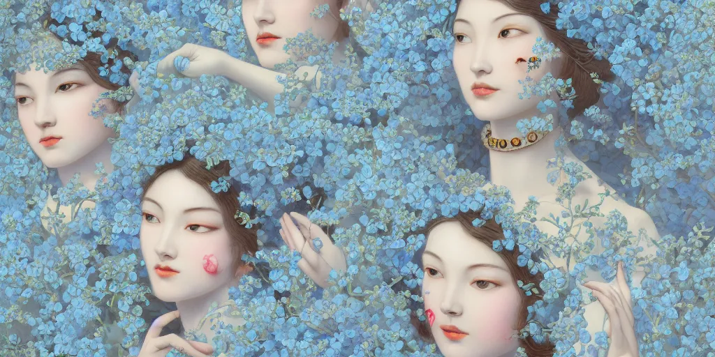 Image similar to breathtaking detailed concept art painting art deco pattern of faces goddesses of light - blue flowers with anxious piercing eyes and blend of flowers and birds, by hsiao - ron cheng and john james audubon, bizarre compositions, exquisite detail, extremely moody lighting, 8 k