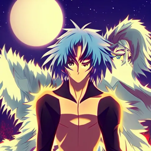 Prompt: anime! werewolf, full moon in the background