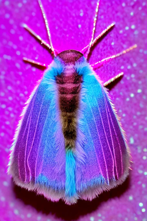 Image similar to high quality macro photo pearlescent furry moth! jeweled gorgeous! highly detailed david ligare elson peter cinematic purple neon lighting high quality low angle hd 8k sharp shallow depth of field