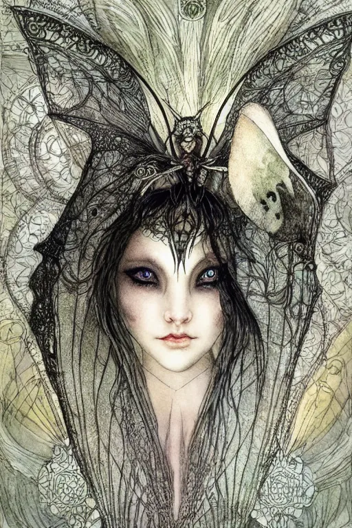 Image similar to dark fairy face closeup surrounded circular frame of moth wings, art by luis royo and walter crane and kay nielsen, watercolor illustration, ultra sharp focus