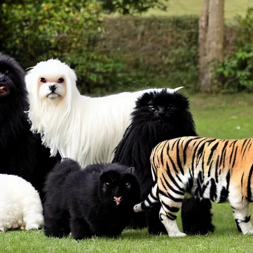 Prompt: a maltese dog,a black cat,a Tiger and a sheep