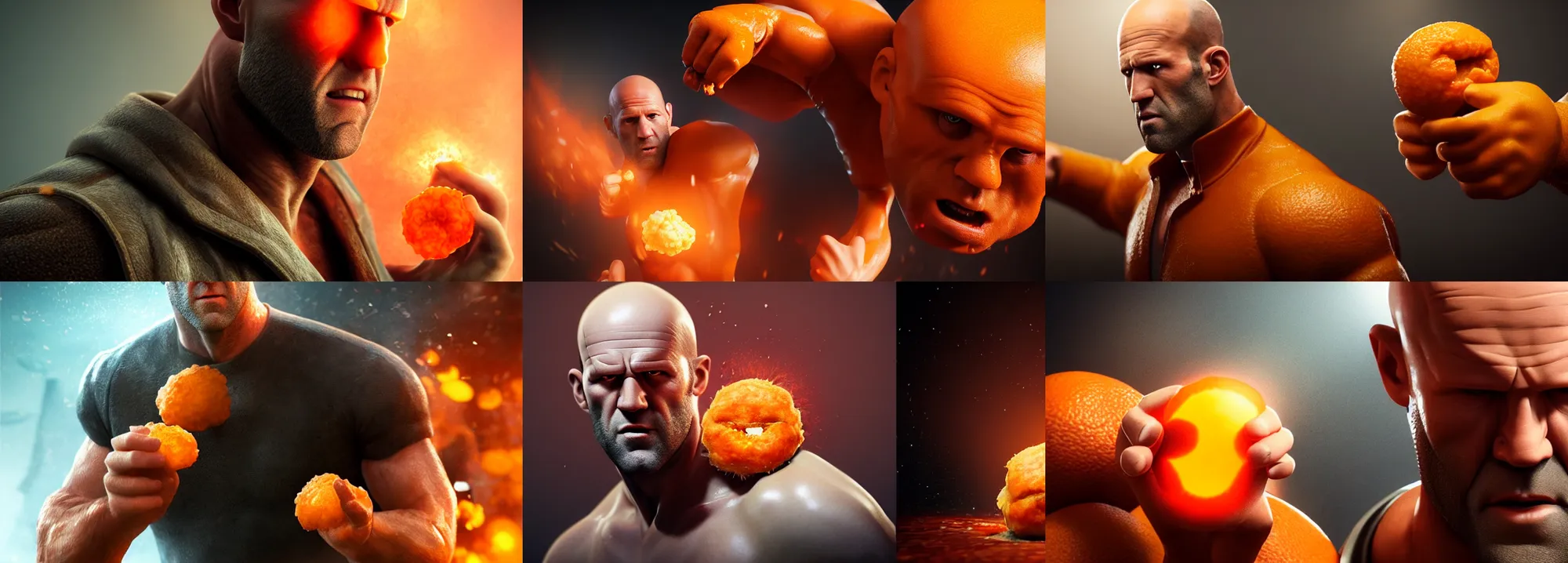 Prompt: ultrarealistic jason statham fighting a orange ( chicken nugget ), fantasy character portrait, octane render, substance painter, movie action still frame, cinematic lighting, volumetric lighting, extreme intricate details, artstation, dnd art, cgsociety, sharp focus, digital painting by artgerm, gerald brom, wlop