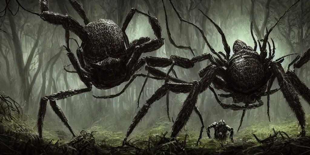 Prompt: huge spider monster in a dark forest, creeping from behind, dark fantasy, 4k, highly detailed, wallpaper, trending on ArtStation, prints available
