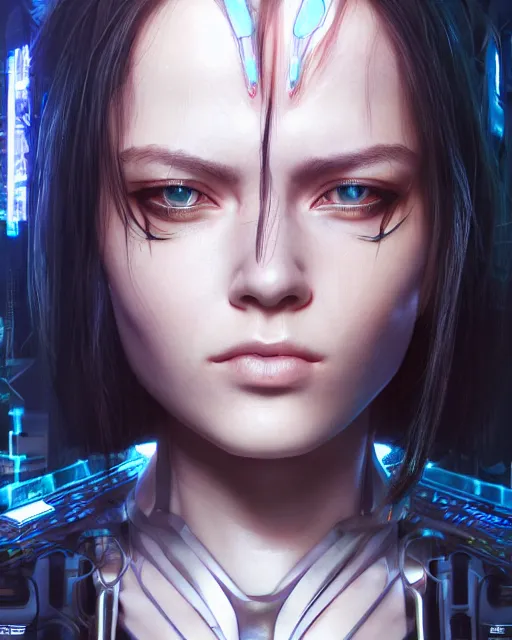 Prompt: a portrait of a beautiful 28th century cyberpunk female very young with long hair, largely biomechanical, hyper-realistic, very detailed unreal engine, by Artgerm, WLOP and Ross Thran, dramatic cinematic lighting rendered by octane, 8k, detailed, trending on artstation, deviantart, google images, pinterest
