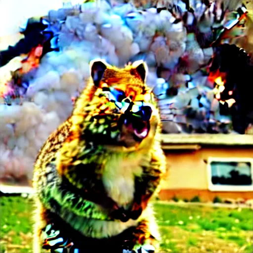 Image similar to a quokka laughing while a house is on fire in the background