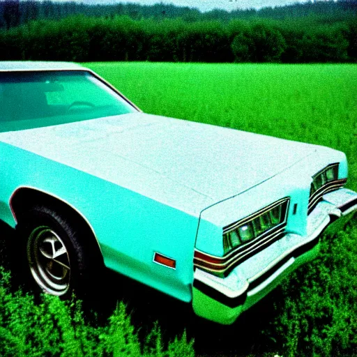 Prompt: A photograph of a beater beater beater beater beater beater beater beater beater beater beater beater beater Powder Blue Dodge Aspen (1976) in a farm field, photo taken in 1989