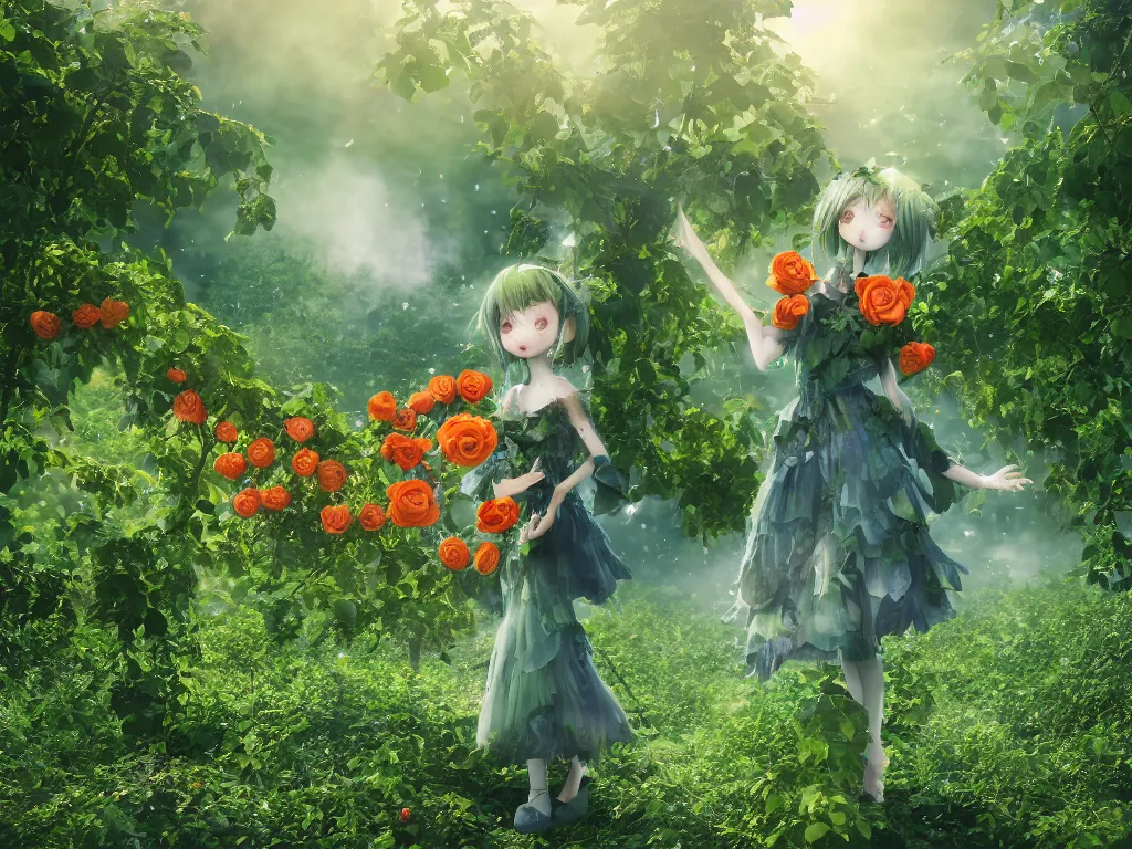 Prompt: cute fumo plush girl among vines in the middle of a lush rose garden, glowing gothic wraith plantgirl, tattered green dress, smoke and orange volumetric fog, blue sky sunshine, bokeh, vray