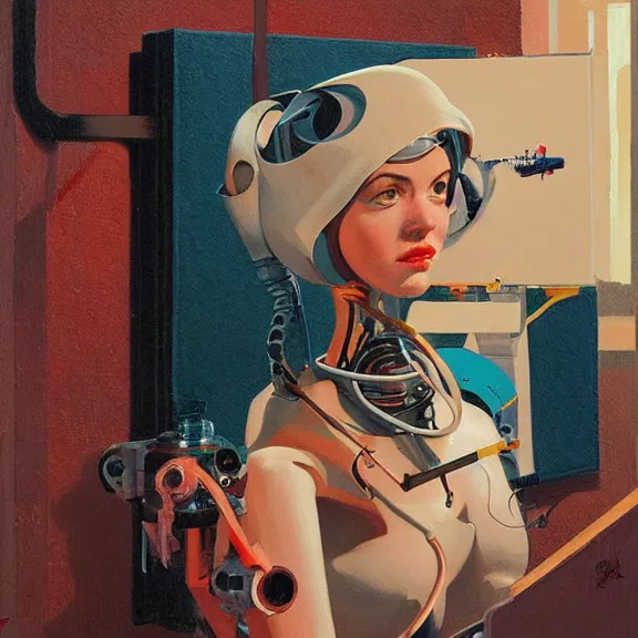 Image similar to robot artist painting a self - portrait on a canvas. intricate, highly detailed, photorealistic, film still, in the style of alexandros pyromallis, and in the style of sachin teng, and in the style of gil elvgren.