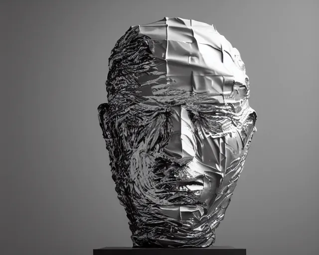 Prompt: a giant abstract sculpture of a human head wrapped in cling film, in the style of chad knight, award winning, cinematic, hyper - realistic, very detailed, realistic water splashes, ray tracing, 8 k resolution, long - shot, sharp focus, low angle, 8 5 mm photograph, wide lens