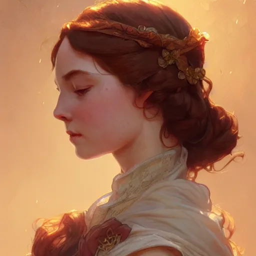 Image similar to anne shirley-cuthbert, D&D, fantasy, intricate, elegant, highly detailed, digital painting, artstation, concept art, matte, sharp focus, illustration, art by Artgerm and Greg Rutkowski and Alphonse Mucha