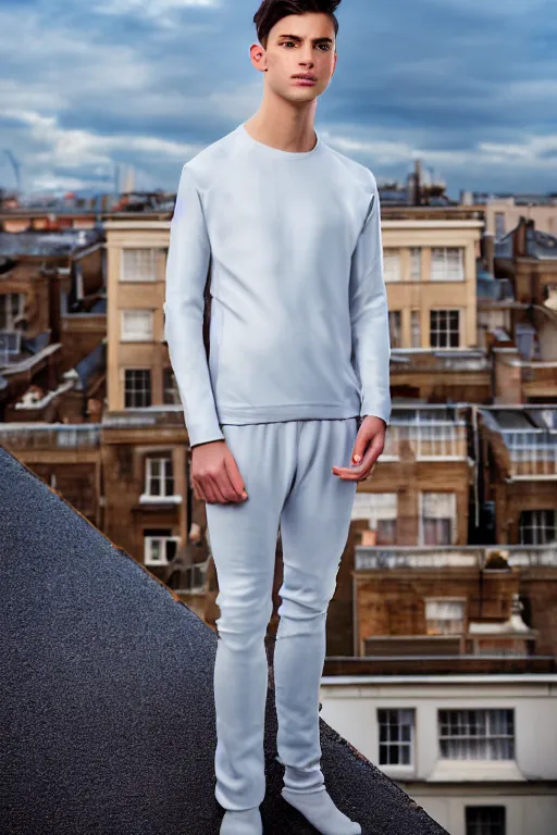 Image similar to un ultra high definition studio quality photographic art portrait of a young man standing on the rooftop of a british apartment building wearing soft padded silver pearlescent clothing. three point light. extremely detailed. golden ratio, ray tracing, volumetric light, shallow depth of field. set dressed.