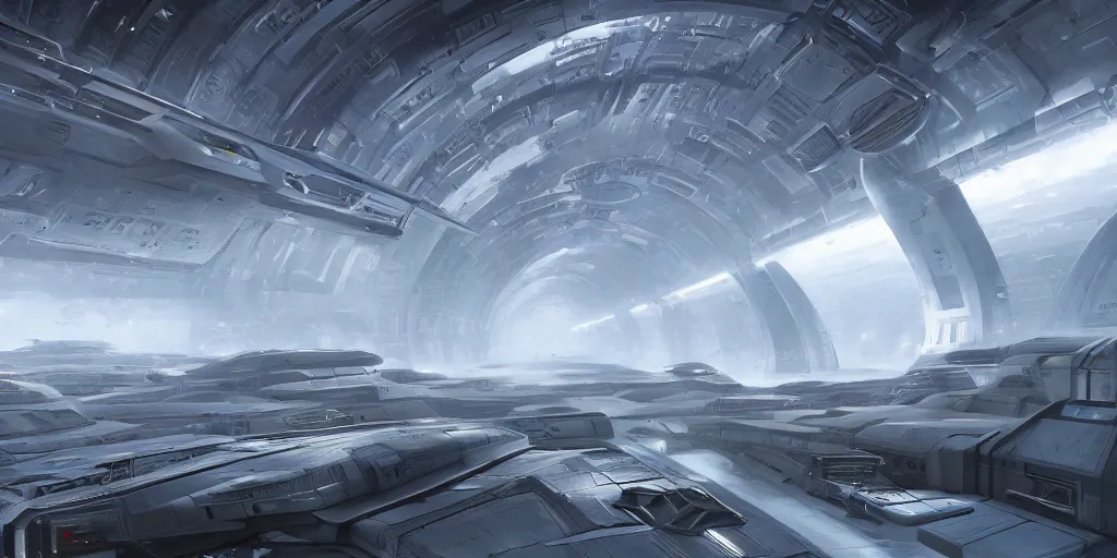 Image similar to one thousand aligned cryogenic pods, spaceship hangar, symmetrical, sci-fi, cryogenic pods, many cryogenic pods, interior, fantasy, 4k, wide shot, matte painting, oil painting, concept art, art station, star wars style