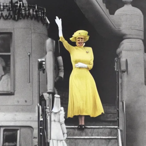 Image similar to a vintage historical fantasy 1 9 3 0 s kodachrome slide german and eastern european mix of the queen of winter and rain is pictured attending a royal tour. she is shown descending a staircase from a luxurious plane, waving to the crowd below. she is donning a pencil skirt and peplum jacket in a yellow and green skirt suit.