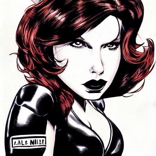 Image similar to black widow pinup, art by michael miller